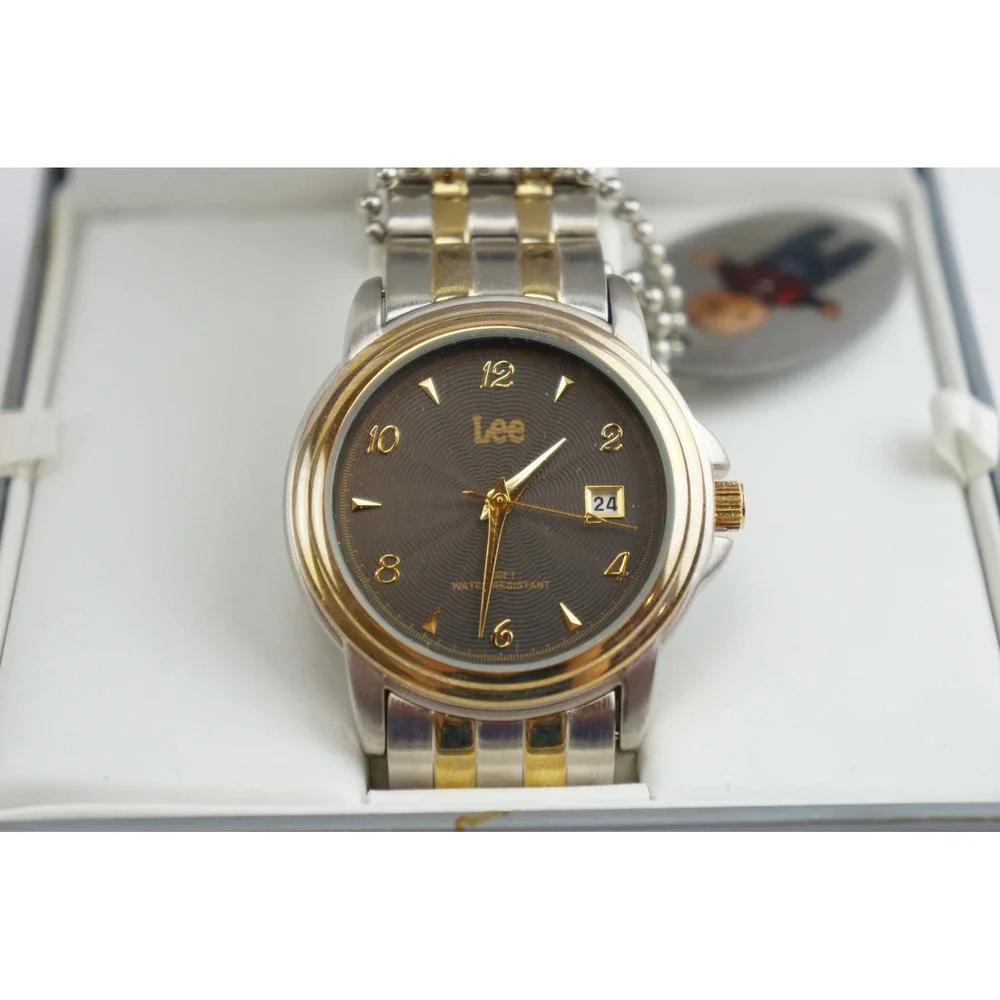 Lee Wrist Watch Mens Two Tone Silver Gold Brown Dial Date Water Resistant NIB‎